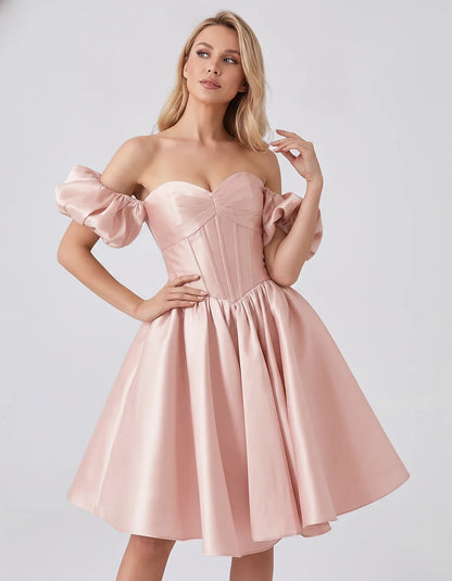 Satin Off-Shoulder Puff Sleeve Sweetheart Neck Corset Mini Dress for Homecoming, Prom, Cocktail, Evening & Wedding Guest Even | SKU: RMD-583920174615847-PINK-L,RMD-583920174615847-PINK-M,RMD-583920174615847-PINK-S,RMD-583920174615847-PINK-XL,RMD-583920174615847-PINK-XS