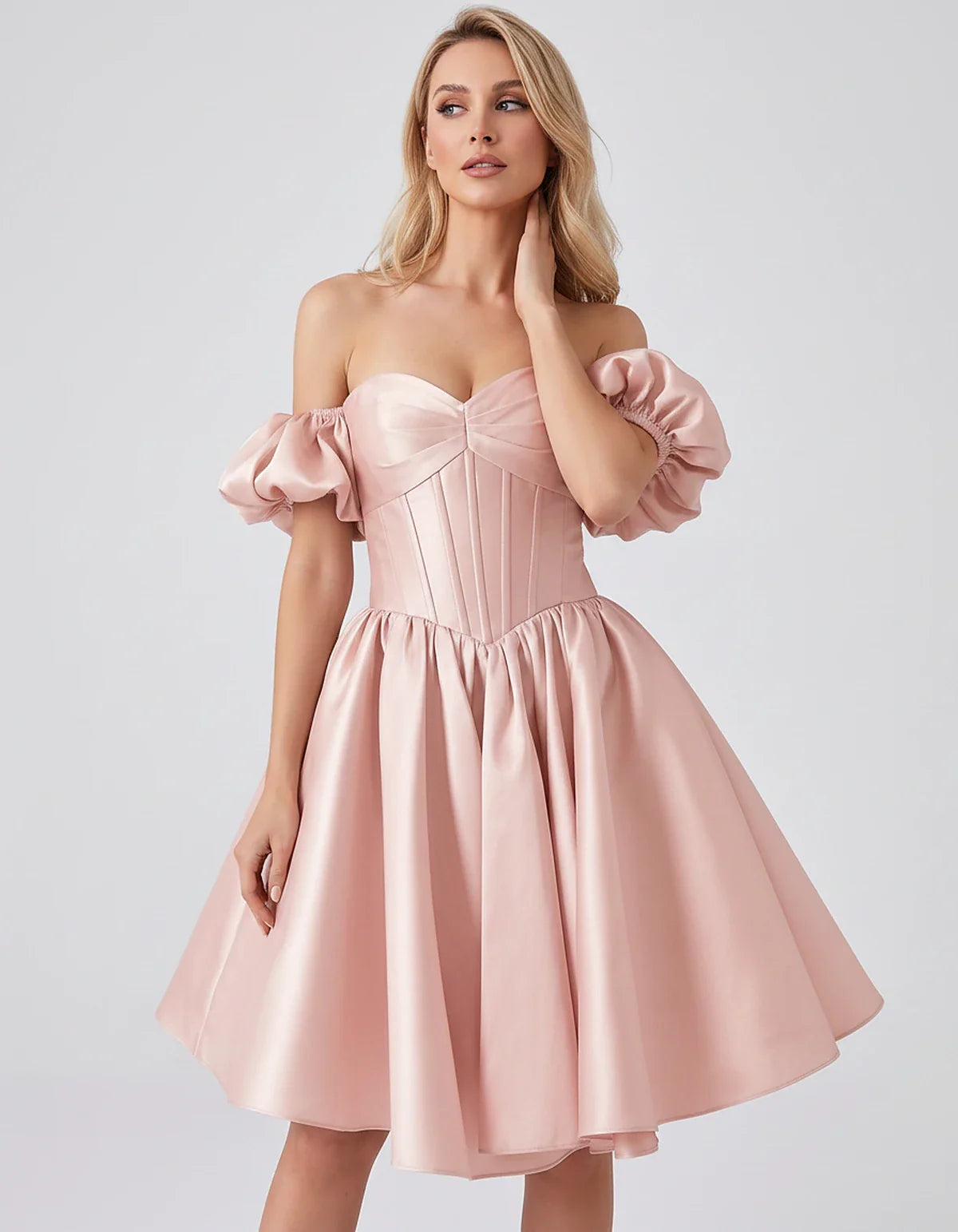 Satin Off-Shoulder Puff Sleeve Sweetheart Neck Corset Mini Dress for Homecoming, Prom, Cocktail, Evening & Wedding Guest Even | SKU: RMD-583920174615847-PINK-L,RMD-583920174615847-PINK-M,RMD-583920174615847-PINK-S,RMD-583920174615847-PINK-XL,RMD-583920174615847-PINK-XS