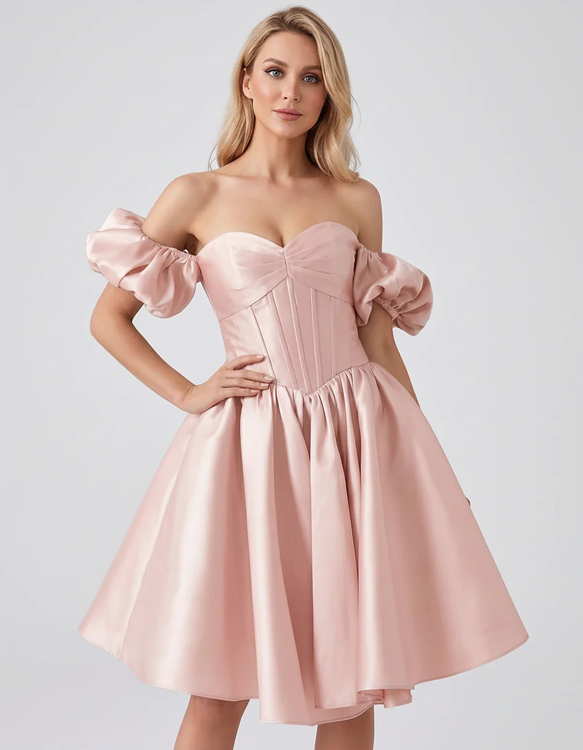 Satin Off-Shoulder Puff Sleeve Sweetheart Neck Corset Mini Dress for Homecoming, Prom, Cocktail, Evening & Wedding Guest Even | SKU: RMD-583920174615847-PINK-L,RMD-583920174615847-PINK-M,RMD-583920174615847-PINK-S,RMD-583920174615847-PINK-XL,RMD-583920174615847-PINK-XS