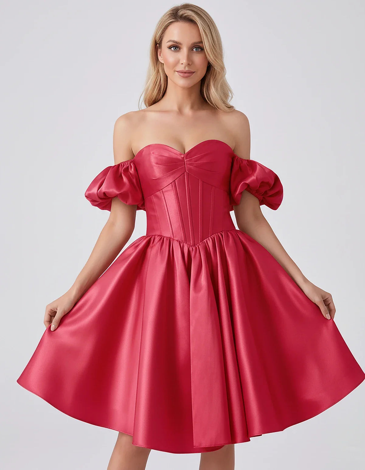 Satin Off-Shoulder Puff Sleeve Sweetheart Neck Corset Mini Dress for Homecoming, Prom, Cocktail, Evening & Wedding Guest Even | SKU: RMD-583920174615847-FUCHSIA-L,RMD-583920174615847-FUCHSIA-M,RMD-583920174615847-FUCHSIA-S,RMD-583920174615847-FUCHSIA-XL,RMD-583920174615847-FUCHSIA-XS