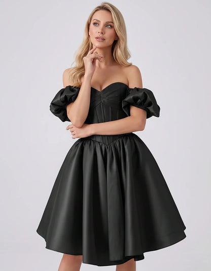 Satin Off-Shoulder Puff Sleeve Sweetheart Neck Corset Mini Dress for Homecoming, Prom, Cocktail, Evening & Wedding Guest Even | SKU: RMD-583920174615847-BLACK-L,RMD-583920174615847-BLACK-M,RMD-583920174615847-BLACK-S,RMD-583920174615847-BLACK-XL,RMD-583920174615847-BLACK-XS