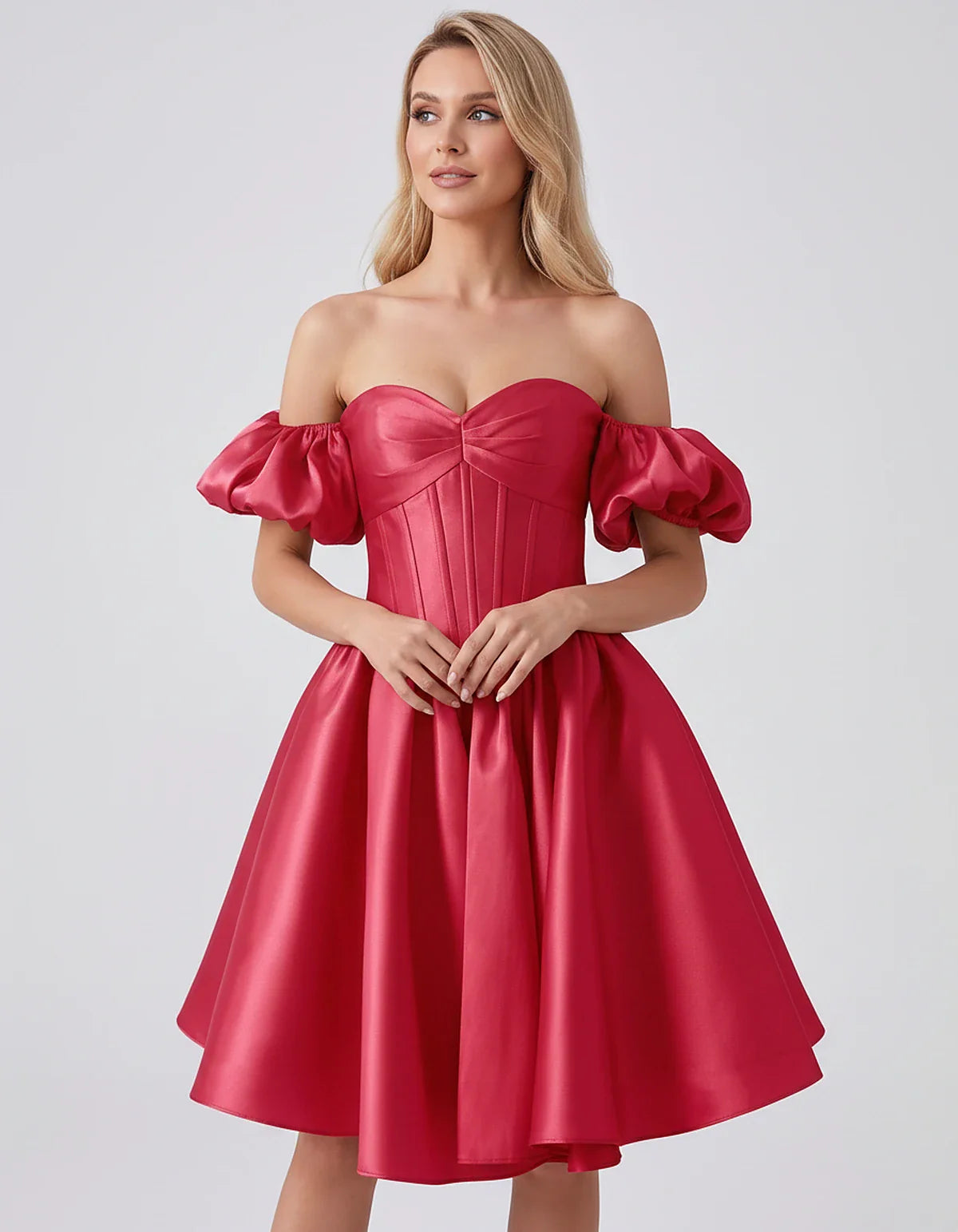 Satin Off-Shoulder Puff Sleeve Sweetheart Neck Corset Mini Dress for Homecoming, Prom, Cocktail, Evening & Wedding Guest Even | SKU: RMD-583920174615847-FUCHSIA-L,RMD-583920174615847-FUCHSIA-M,RMD-583920174615847-FUCHSIA-S,RMD-583920174615847-FUCHSIA-XL,RMD-583920174615847-FUCHSIA-XS