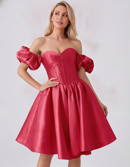 Satin Off-Shoulder Puff Sleeve Sweetheart Neck Corset Mini Dress for Homecoming, Prom, Cocktail, Evening & Wedding Guest Even | SKU: RMD-583920174615847-FUCHSIA-L,RMD-583920174615847-FUCHSIA-M,RMD-583920174615847-FUCHSIA-S,RMD-583920174615847-FUCHSIA-XL,RMD-583920174615847-FUCHSIA-XS