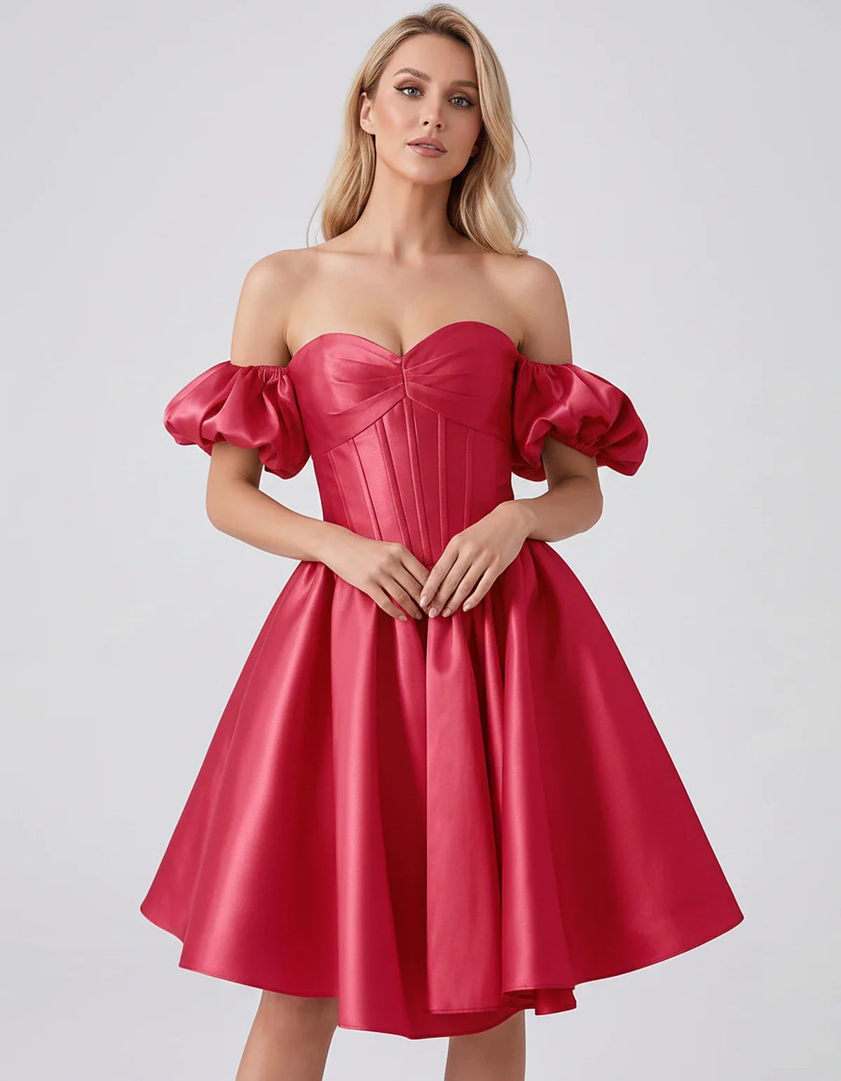 Satin Off-Shoulder Puff Sleeve Sweetheart Neck Corset Mini Dress for Homecoming, Prom, Cocktail, Evening & Wedding Guest Even | SKU: RMD-583920174615847-FUCHSIA-L,RMD-583920174615847-FUCHSIA-M,RMD-583920174615847-FUCHSIA-S,RMD-583920174615847-FUCHSIA-XL,RMD-583920174615847-FUCHSIA-XS