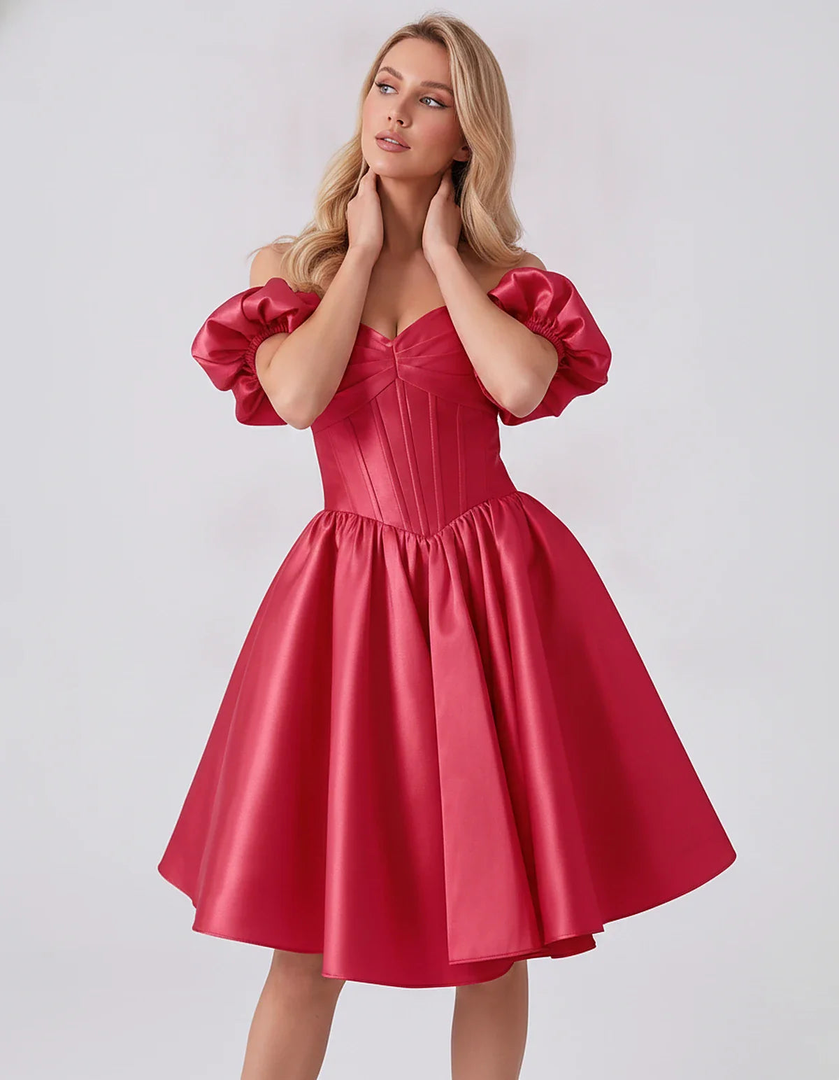 Satin Off-Shoulder Puff Sleeve Sweetheart Neck Corset Mini Dress for Homecoming, Prom, Cocktail, Evening & Wedding Guest Even | SKU: RMD-583920174615847-FUCHSIA-L,RMD-583920174615847-FUCHSIA-M,RMD-583920174615847-FUCHSIA-S,RMD-583920174615847-FUCHSIA-XL,RMD-583920174615847-FUCHSIA-XS