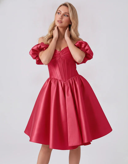 Satin Off-Shoulder Puff Sleeve Sweetheart Neck Corset Mini Dress for Homecoming, Prom, Cocktail, Evening & Wedding Guest Even | SKU: RMD-583920174615847-FUCHSIA-L,RMD-583920174615847-FUCHSIA-M,RMD-583920174615847-FUCHSIA-S,RMD-583920174615847-FUCHSIA-XL,RMD-583920174615847-FUCHSIA-XS