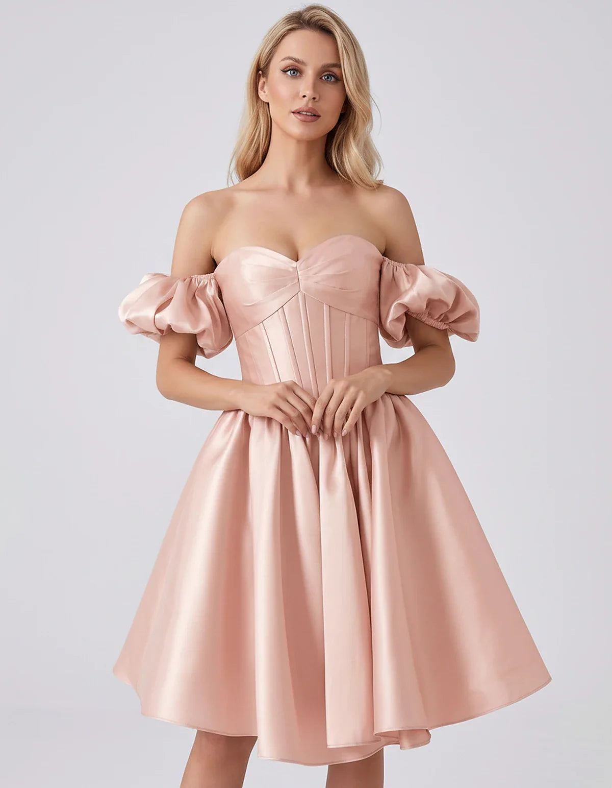 Satin Off-Shoulder Puff Sleeve Sweetheart Neck Corset Mini Dress for Homecoming, Prom, Cocktail, Evening & Wedding Guest Even | SKU: RMD-583920174615847-BLUSH-L,RMD-583920174615847-BLUSH-M,RMD-583920174615847-BLUSH-S,RMD-583920174615847-BLUSH-XL,RMD-583920174615847-BLUSH-XS