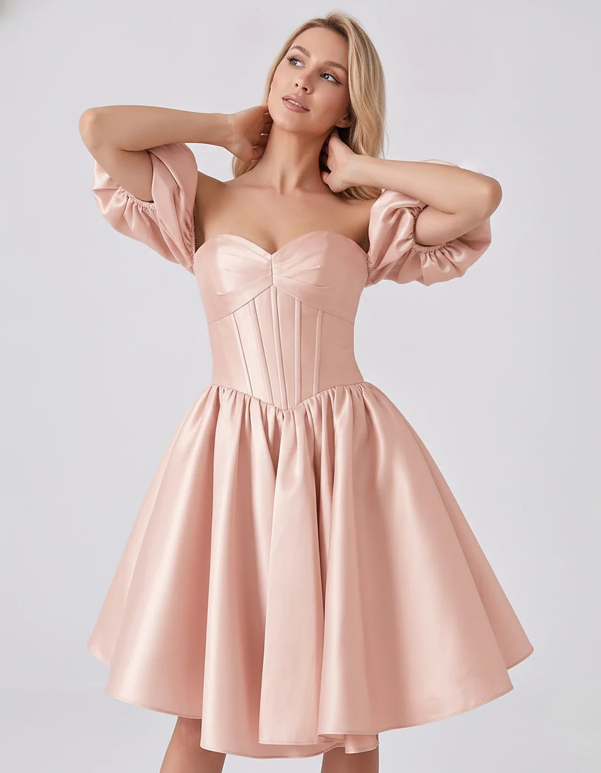 Satin Off-Shoulder Puff Sleeve Sweetheart Neck Corset Mini Dress for Homecoming, Prom, Cocktail, Evening & Wedding Guest Even | SKU: RMD-583920174615847-BLUSH-L,RMD-583920174615847-BLUSH-M,RMD-583920174615847-BLUSH-S,RMD-583920174615847-BLUSH-XL,RMD-583920174615847-BLUSH-XS