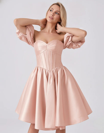 Satin Off-Shoulder Puff Sleeve Sweetheart Neck Corset Mini Dress for Homecoming, Prom, Cocktail, Evening & Wedding Guest Even | SKU: RMD-583920174615847-BLUSH-L,RMD-583920174615847-BLUSH-M,RMD-583920174615847-BLUSH-S,RMD-583920174615847-BLUSH-XL,RMD-583920174615847-BLUSH-XS