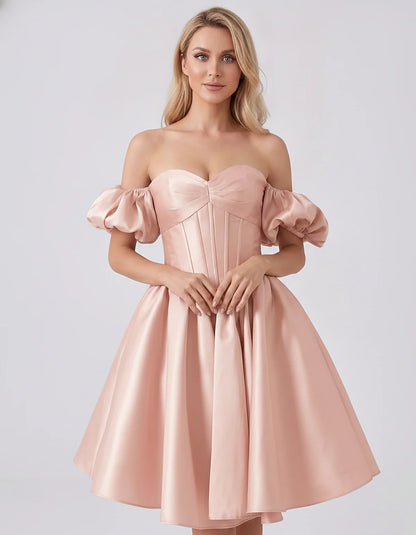 Satin Off-Shoulder Puff Sleeve Sweetheart Neck Corset Mini Dress for Homecoming, Prom, Cocktail, Evening & Wedding Guest Even | SKU: RMD-583920174615847-BLUSH-L,RMD-583920174615847-BLUSH-M,RMD-583920174615847-BLUSH-S,RMD-583920174615847-BLUSH-XL,RMD-583920174615847-BLUSH-XS