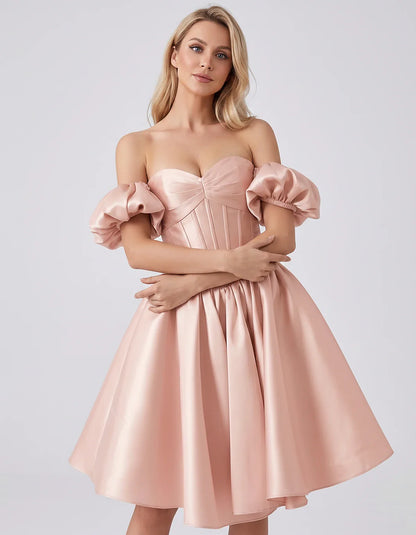 Satin Off-Shoulder Puff Sleeve Sweetheart Neck Corset Mini Dress for Homecoming, Prom, Cocktail, Evening & Wedding Guest Even | SKU: RMD-583920174615847-BLUSH-L,RMD-583920174615847-BLUSH-M,RMD-583920174615847-BLUSH-S,RMD-583920174615847-BLUSH-XL,RMD-583920174615847-BLUSH-XS