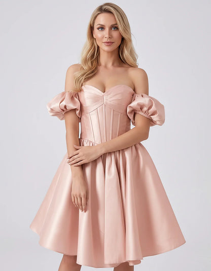 Satin Off-Shoulder Puff Sleeve Sweetheart Neck Corset Mini Dress for Homecoming, Prom, Cocktail, Evening & Wedding Guest Even | SKU: RMD-583920174615847-BLUSH-L,RMD-583920174615847-BLUSH-M,RMD-583920174615847-BLUSH-S,RMD-583920174615847-BLUSH-XL,RMD-583920174615847-BLUSH-XS