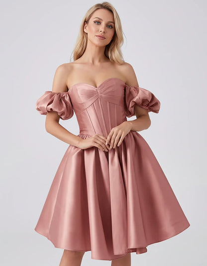 Satin Off-Shoulder Puff Sleeve Sweetheart Neck Corset Mini Dress for Homecoming, Prom, Cocktail, Evening & Wedding Guest Even | SKU: RMD-583920174615847-DUSTYROSE-L,RMD-583920174615847-DUSTYROSE-M,RMD-583920174615847-DUSTYROSE-S,RMD-583920174615847-DUSTYROSE-XL,RMD-583920174615847-DUSTYROSE-XS
