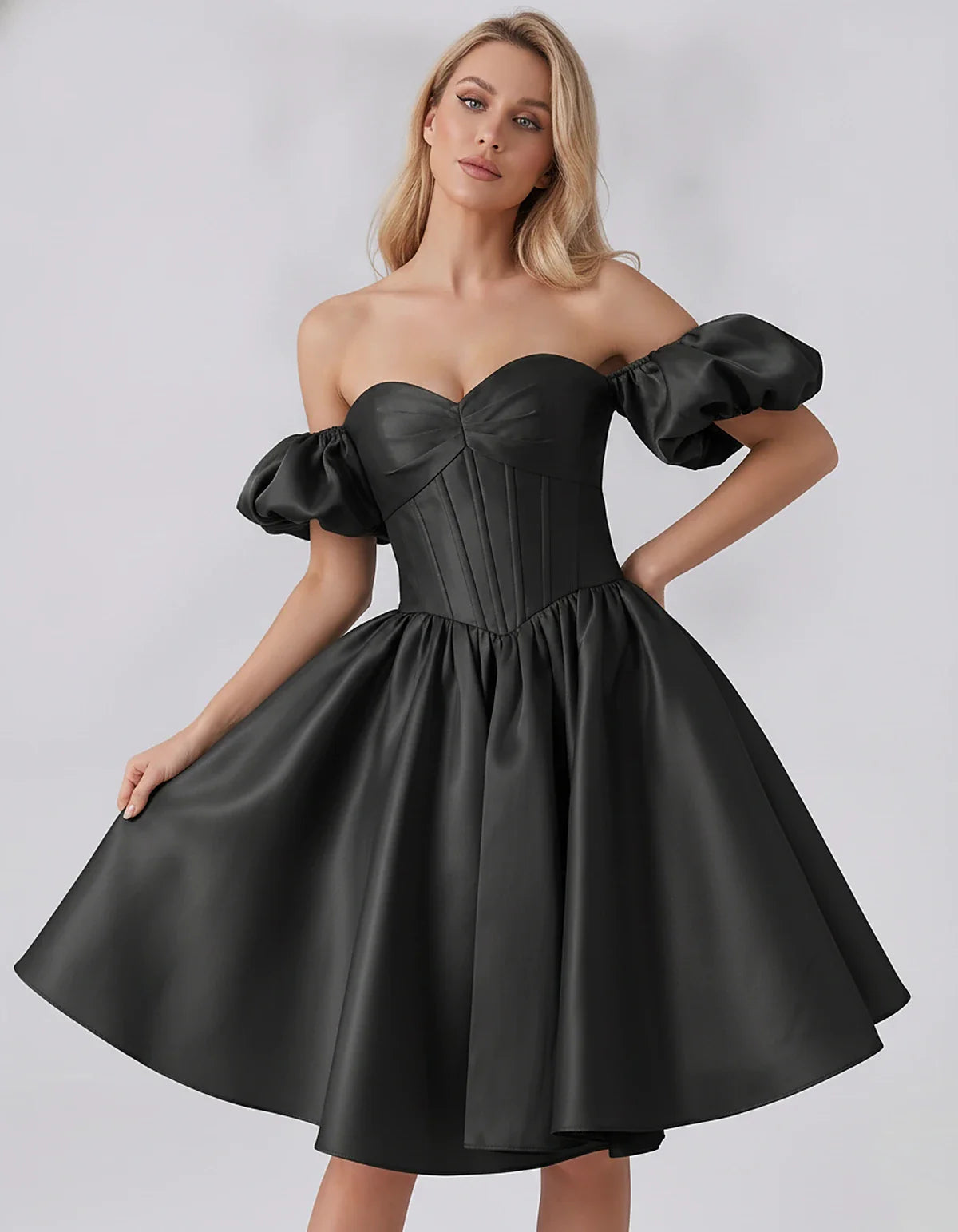 Satin Off-Shoulder Puff Sleeve Sweetheart Neck Corset Mini Dress for Homecoming, Prom, Cocktail, Evening & Wedding Guest Even | SKU: RMD-583920174615847-BLACK-L,RMD-583920174615847-BLACK-M,RMD-583920174615847-BLACK-S,RMD-583920174615847-BLACK-XL,RMD-583920174615847-BLACK-XS