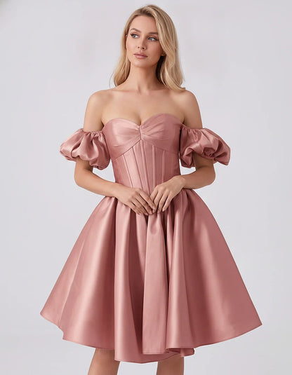 Satin Off-Shoulder Puff Sleeve Sweetheart Neck Corset Mini Dress for Homecoming, Prom, Cocktail, Evening & Wedding Guest Even | SKU: RMD-583920174615847-DUSTYROSE-L,RMD-583920174615847-DUSTYROSE-M,RMD-583920174615847-DUSTYROSE-S,RMD-583920174615847-DUSTYROSE-XL,RMD-583920174615847-DUSTYROSE-XS