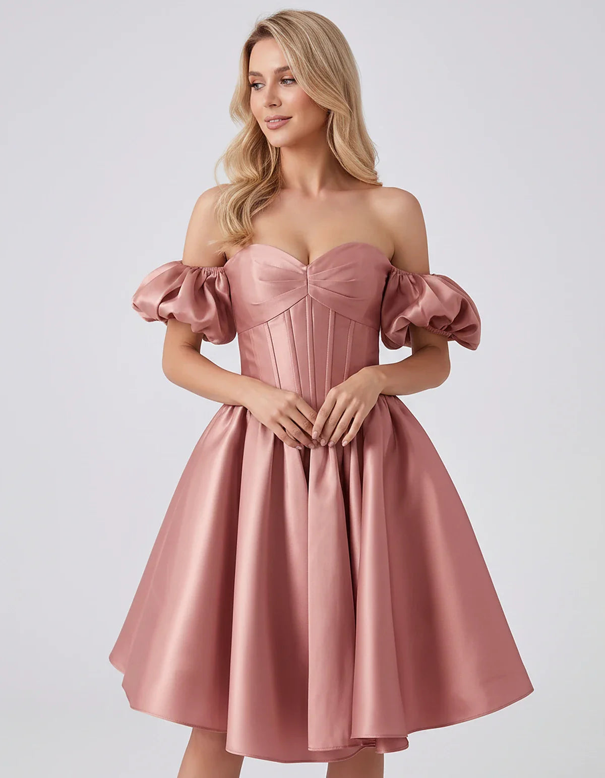 Satin Off-Shoulder Puff Sleeve Sweetheart Neck Corset Mini Dress for Homecoming, Prom, Cocktail, Evening & Wedding Guest Even | SKU: RMD-583920174615847-DUSTYROSE-L,RMD-583920174615847-DUSTYROSE-M,RMD-583920174615847-DUSTYROSE-S,RMD-583920174615847-DUSTYROSE-XL,RMD-583920174615847-DUSTYROSE-XS