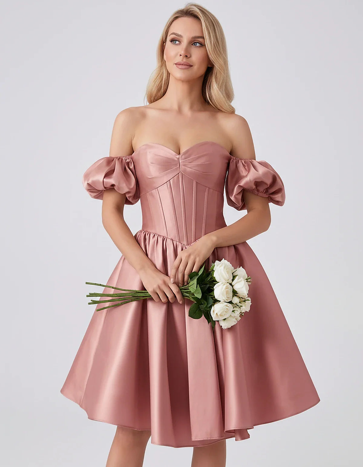 Satin Off-Shoulder Puff Sleeve Sweetheart Neck Corset Mini Dress for Homecoming, Prom, Cocktail, Evening & Wedding Guest Even | SKU: RMD-583920174615847-DUSTYROSE-L,RMD-583920174615847-DUSTYROSE-M,RMD-583920174615847-DUSTYROSE-S,RMD-583920174615847-DUSTYROSE-XL,RMD-583920174615847-DUSTYROSE-XS