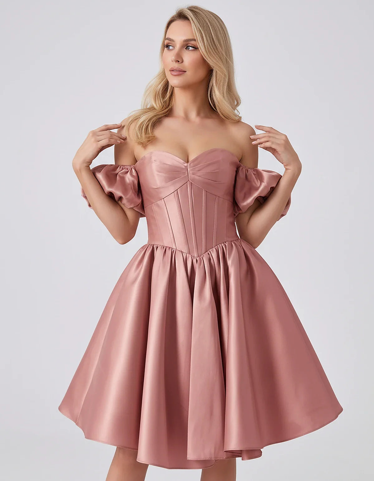Satin Off-Shoulder Puff Sleeve Sweetheart Neck Corset Mini Dress for Homecoming, Prom, Cocktail, Evening & Wedding Guest Even | SKU: RMD-583920174615847-DUSTYROSE-L,RMD-583920174615847-DUSTYROSE-M,RMD-583920174615847-DUSTYROSE-S,RMD-583920174615847-DUSTYROSE-XL,RMD-583920174615847-DUSTYROSE-XS