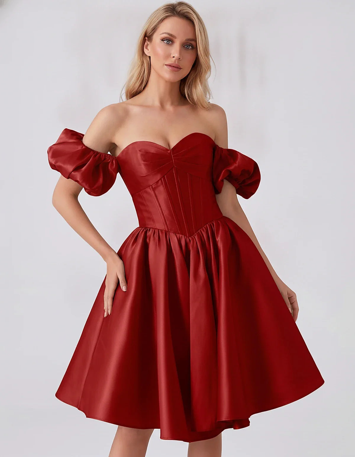 Satin Off-Shoulder Puff Sleeve Sweetheart Neck Corset Mini Dress for Homecoming, Prom, Cocktail, Evening & Wedding Guest Even | SKU: RMD-583920174615847-RED-L,RMD-583920174615847-RED-M,RMD-583920174615847-RED-S,RMD-583920174615847-RED-XL,RMD-583920174615847-RED-XS