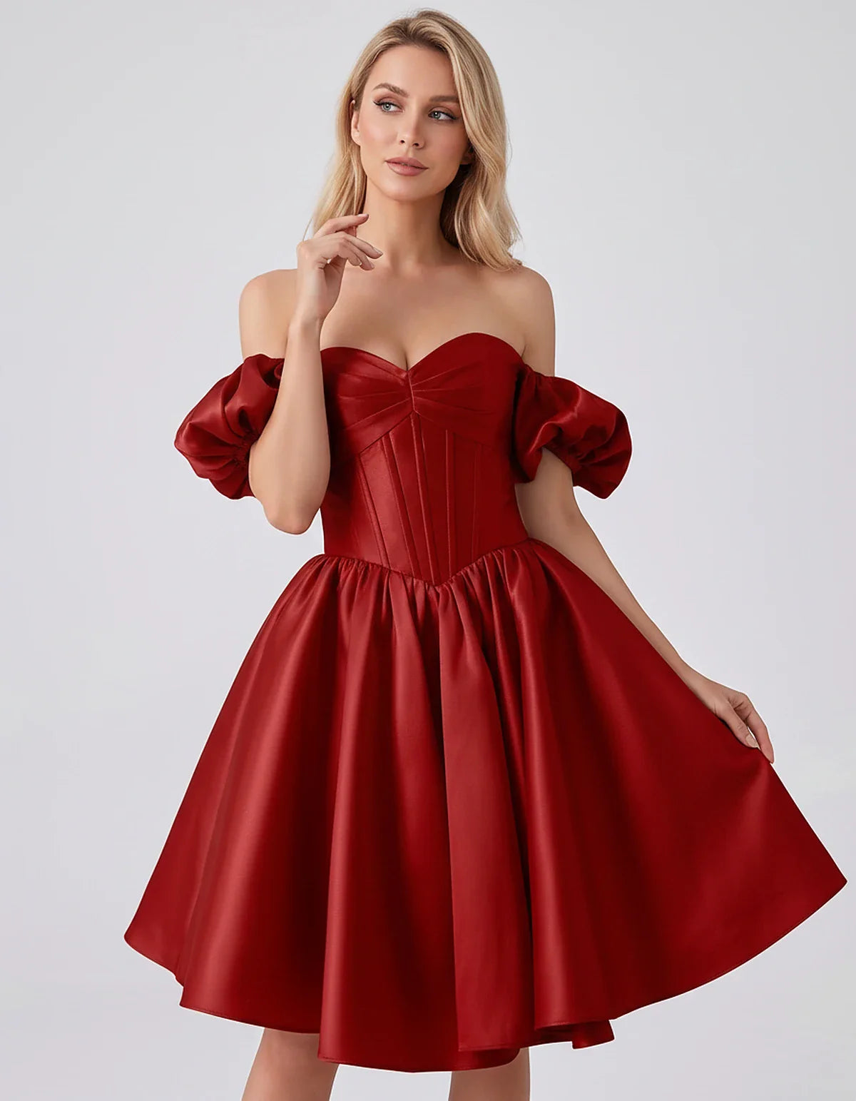 Satin Off-Shoulder Puff Sleeve Sweetheart Neck Corset Mini Dress for Homecoming, Prom, Cocktail, Evening & Wedding Guest Even | SKU: RMD-583920174615847-RED-L,RMD-583920174615847-RED-M,RMD-583920174615847-RED-S,RMD-583920174615847-RED-XL,RMD-583920174615847-RED-XS