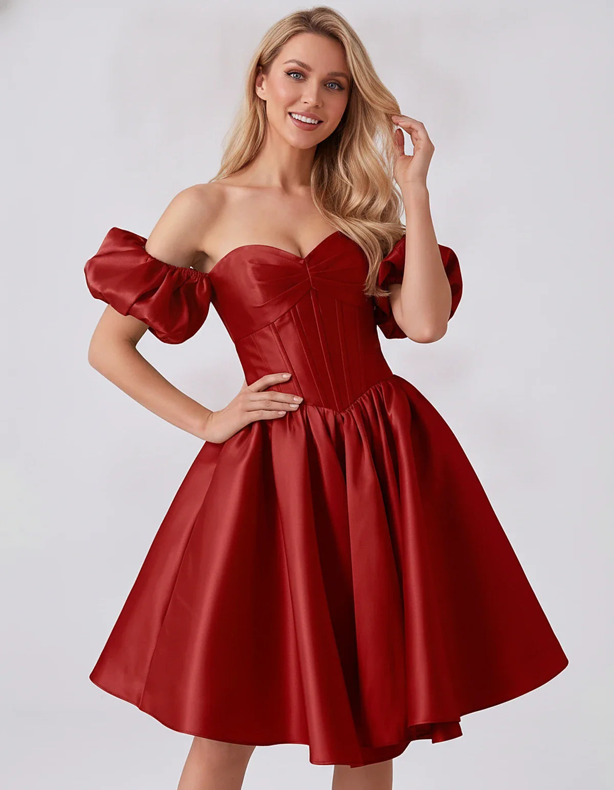 Satin Off-Shoulder Puff Sleeve Sweetheart Neck Corset Mini Dress for Homecoming, Prom, Cocktail, Evening & Wedding Guest Even | SKU: RMD-583920174615847-RED-L,RMD-583920174615847-RED-M,RMD-583920174615847-RED-S,RMD-583920174615847-RED-XL,RMD-583920174615847-RED-XS