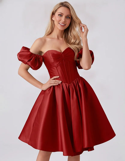 Satin Off-Shoulder Puff Sleeve Sweetheart Neck Corset Mini Dress for Homecoming, Prom, Cocktail, Evening & Wedding Guest Even | SKU: RMD-583920174615847-RED-L,RMD-583920174615847-RED-M,RMD-583920174615847-RED-S,RMD-583920174615847-RED-XL,RMD-583920174615847-RED-XS