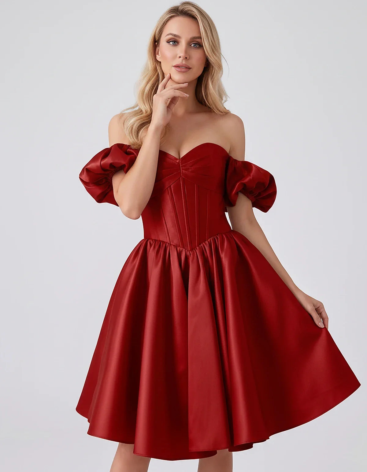 Satin Off-Shoulder Puff Sleeve Sweetheart Neck Corset Mini Dress for Homecoming, Prom, Cocktail, Evening & Wedding Guest Even | SKU: RMD-583920174615847-RED-L,RMD-583920174615847-RED-M,RMD-583920174615847-RED-S,RMD-583920174615847-RED-XL,RMD-583920174615847-RED-XS