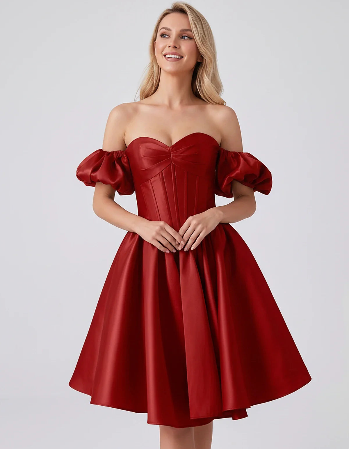 Satin Off-Shoulder Puff Sleeve Sweetheart Neck Corset Mini Dress for Homecoming, Prom, Cocktail, Evening & Wedding Guest Even | SKU: RMD-583920174615847-RED-L,RMD-583920174615847-RED-M,RMD-583920174615847-RED-S,RMD-583920174615847-RED-XL,RMD-583920174615847-RED-XS