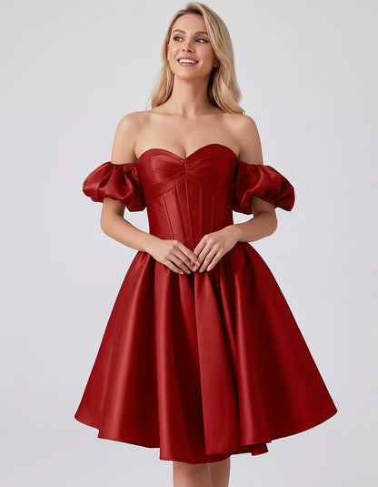 Satin Off-Shoulder Puff Sleeve Sweetheart Neck Corset Mini Dress for Homecoming, Prom, Cocktail, Evening & Wedding Guest Even | SKU: RMD-583920174615847-RED-L,RMD-583920174615847-RED-M,RMD-583920174615847-RED-S,RMD-583920174615847-RED-XL,RMD-583920174615847-RED-XS