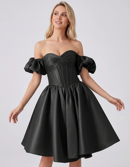 Satin Off-Shoulder Puff Sleeve Sweetheart Neck Corset Mini Dress for Homecoming, Prom, Cocktail, Evening & Wedding Guest Even | SKU: RMD-583920174615847-BLACK-L,RMD-583920174615847-BLACK-M,RMD-583920174615847-BLACK-S,RMD-583920174615847-BLACK-XL,RMD-583920174615847-BLACK-XS
