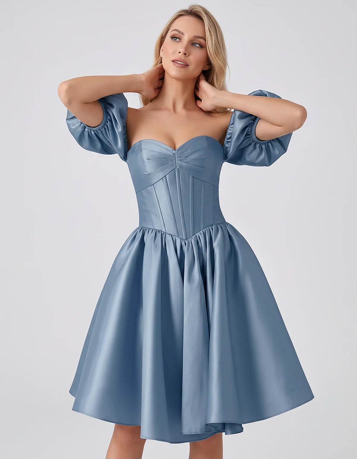 Satin Off-Shoulder Puff Sleeve Sweetheart Neck Corset Mini Dress for Homecoming, Prom, Cocktail, Evening & Wedding Guest Even | SKU: RMD-583920174615847-DUSTYBLUE-L,RMD-583920174615847-DUSTYBLUE-M,RMD-583920174615847-DUSTYBLUE-S,RMD-583920174615847-DUSTYBLUE-XL,RMD-583920174615847-DUSTYBLUE-XS