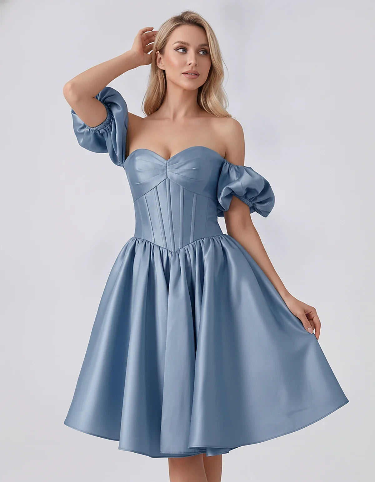 Satin Off-Shoulder Puff Sleeve Sweetheart Neck Corset Mini Dress for Homecoming, Prom, Cocktail, Evening & Wedding Guest Even | SKU: RMD-583920174615847-DUSTYBLUE-L,RMD-583920174615847-DUSTYBLUE-M,RMD-583920174615847-DUSTYBLUE-S,RMD-583920174615847-DUSTYBLUE-XL,RMD-583920174615847-DUSTYBLUE-XS