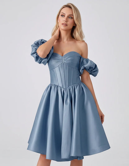 Satin Off-Shoulder Puff Sleeve Sweetheart Neck Corset Mini Dress for Homecoming, Prom, Cocktail, Evening & Wedding Guest Even | SKU: RMD-583920174615847-DUSTYBLUE-L,RMD-583920174615847-DUSTYBLUE-M,RMD-583920174615847-DUSTYBLUE-S,RMD-583920174615847-DUSTYBLUE-XL,RMD-583920174615847-DUSTYBLUE-XS