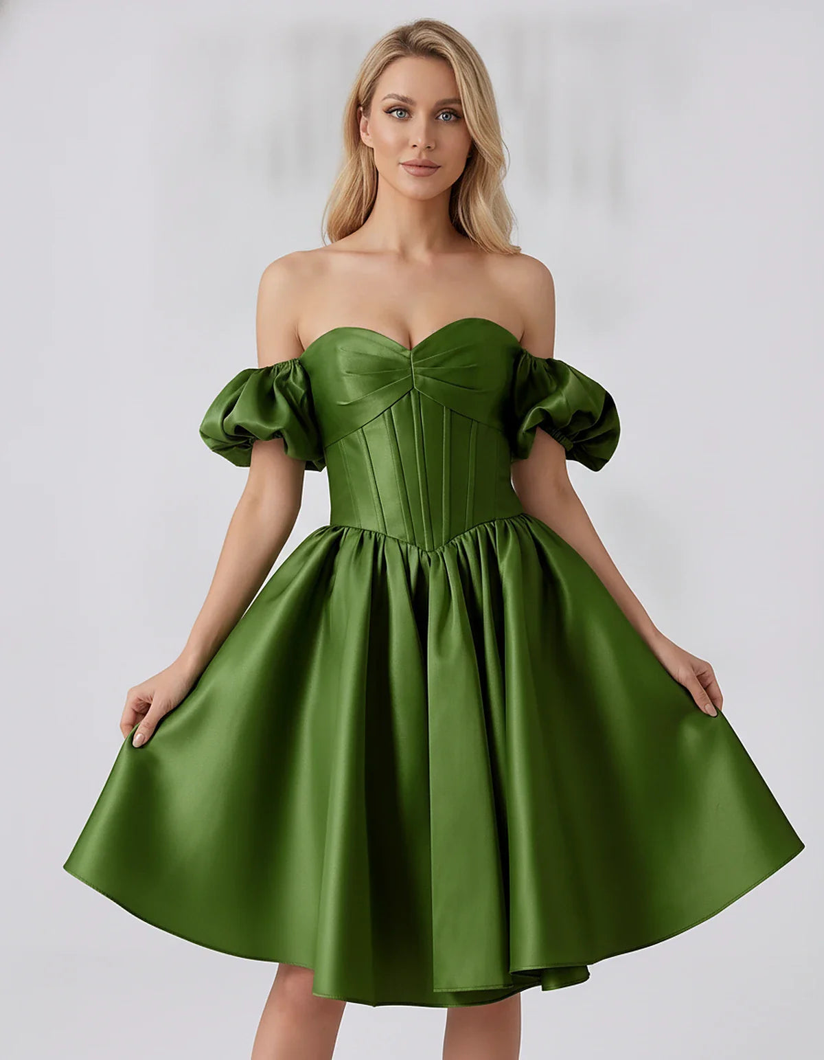 Satin Off-Shoulder Puff Sleeve Sweetheart Neck Corset Mini Dress for Homecoming, Prom, Cocktail, Evening & Wedding Guest Even | SKU: RMD-583920174615847-ARMYGREEN-L,RMD-583920174615847-ARMYGREEN-M,RMD-583920174615847-ARMYGREEN-S,RMD-583920174615847-ARMYGREEN-XL,RMD-583920174615847-ARMYGREEN-XS