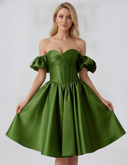 Satin Off-Shoulder Puff Sleeve Sweetheart Neck Corset Mini Dress for Homecoming, Prom, Cocktail, Evening & Wedding Guest Even | SKU: RMD-583920174615847-ARMYGREEN-L,RMD-583920174615847-ARMYGREEN-M,RMD-583920174615847-ARMYGREEN-S,RMD-583920174615847-ARMYGREEN-XL,RMD-583920174615847-ARMYGREEN-XS