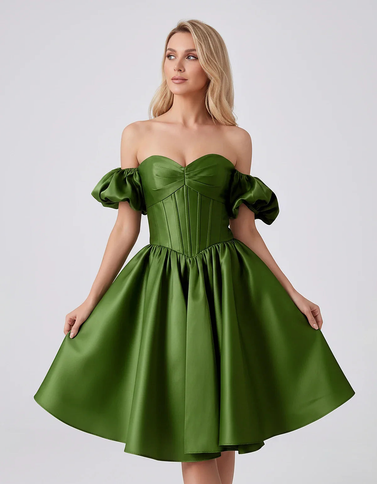 Satin Off-Shoulder Puff Sleeve Sweetheart Neck Corset Mini Dress for Homecoming, Prom, Cocktail, Evening & Wedding Guest Even | SKU: RMD-583920174615847-ARMYGREEN-L,RMD-583920174615847-ARMYGREEN-M,RMD-583920174615847-ARMYGREEN-S,RMD-583920174615847-ARMYGREEN-XL,RMD-583920174615847-ARMYGREEN-XS