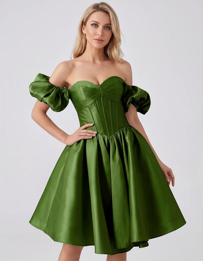 Satin Off-Shoulder Puff Sleeve Sweetheart Neck Corset Mini Dress for Homecoming, Prom, Cocktail, Evening & Wedding Guest Even | SKU: RMD-583920174615847-ARMYGREEN-L,RMD-583920174615847-ARMYGREEN-M,RMD-583920174615847-ARMYGREEN-S,RMD-583920174615847-ARMYGREEN-XL,RMD-583920174615847-ARMYGREEN-XS