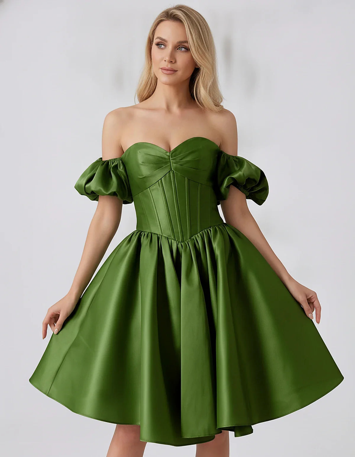 Satin Off-Shoulder Puff Sleeve Sweetheart Neck Corset Mini Dress for Homecoming, Prom, Cocktail, Evening & Wedding Guest Even | SKU: RMD-583920174615847-ARMYGREEN-L,RMD-583920174615847-ARMYGREEN-M,RMD-583920174615847-ARMYGREEN-S,RMD-583920174615847-ARMYGREEN-XL,RMD-583920174615847-ARMYGREEN-XS