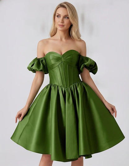 Satin Off-Shoulder Puff Sleeve Sweetheart Neck Corset Mini Dress for Homecoming, Prom, Cocktail, Evening & Wedding Guest Even | SKU: RMD-583920174615847-ARMYGREEN-L,RMD-583920174615847-ARMYGREEN-M,RMD-583920174615847-ARMYGREEN-S,RMD-583920174615847-ARMYGREEN-XL,RMD-583920174615847-ARMYGREEN-XS