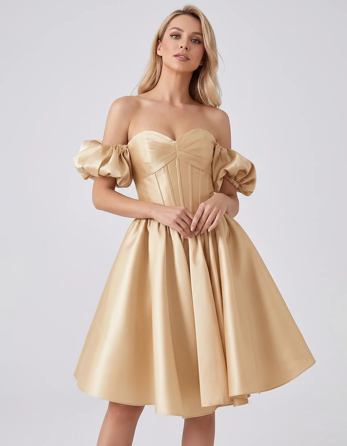 Satin Off-Shoulder Puff Sleeve Sweetheart Neck Corset Mini Dress for Homecoming, Prom, Cocktail, Evening & Wedding Guest Even | SKU: RMD-583920174615847-CHAMPAGNE-L,RMD-583920174615847-CHAMPAGNE-M,RMD-583920174615847-CHAMPAGNE-S,RMD-583920174615847-CHAMPAGNE-XL,RMD-583920174615847-CHAMPAGNE-XS