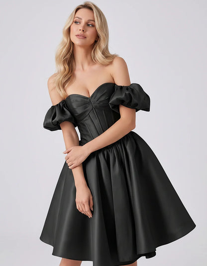 Satin Off-Shoulder Puff Sleeve Sweetheart Neck Corset Mini Dress for Homecoming, Prom, Cocktail, Evening & Wedding Guest Even | SKU: RMD-583920174615847-BLACK-L,RMD-583920174615847-BLACK-M,RMD-583920174615847-BLACK-S,RMD-583920174615847-BLACK-XL,RMD-583920174615847-BLACK-XS