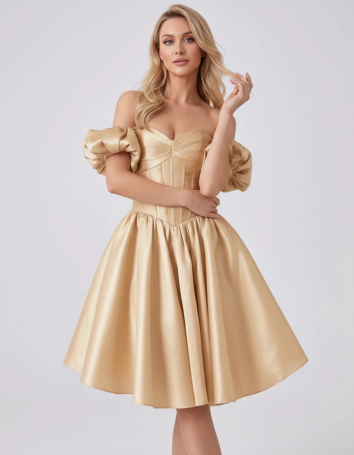 Satin Off-Shoulder Puff Sleeve Sweetheart Neck Corset Mini Dress for Homecoming, Prom, Cocktail, Evening & Wedding Guest Even | SKU: RMD-583920174615847-CHAMPAGNE-L,RMD-583920174615847-CHAMPAGNE-M,RMD-583920174615847-CHAMPAGNE-S,RMD-583920174615847-CHAMPAGNE-XL,RMD-583920174615847-CHAMPAGNE-XS