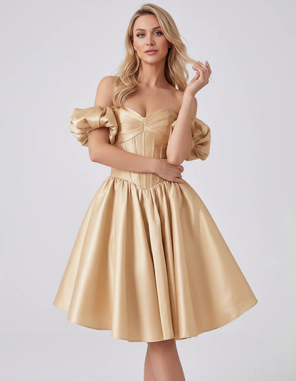 Satin Off-Shoulder Puff Sleeve Sweetheart Neck Corset Mini Dress for Homecoming, Prom, Cocktail, Evening & Wedding Guest Even | SKU: RMD-583920174615847-CHAMPAGNE-L,RMD-583920174615847-CHAMPAGNE-M,RMD-583920174615847-CHAMPAGNE-S,RMD-583920174615847-CHAMPAGNE-XL,RMD-583920174615847-CHAMPAGNE-XS