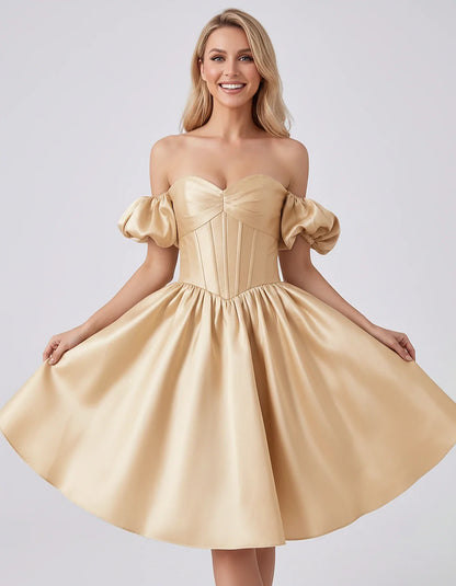 Satin Off-Shoulder Puff Sleeve Sweetheart Neck Corset Mini Dress for Homecoming, Prom, Cocktail, Evening & Wedding Guest Even | SKU: RMD-583920174615847-CHAMPAGNE-L,RMD-583920174615847-CHAMPAGNE-M,RMD-583920174615847-CHAMPAGNE-S,RMD-583920174615847-CHAMPAGNE-XL,RMD-583920174615847-CHAMPAGNE-XS