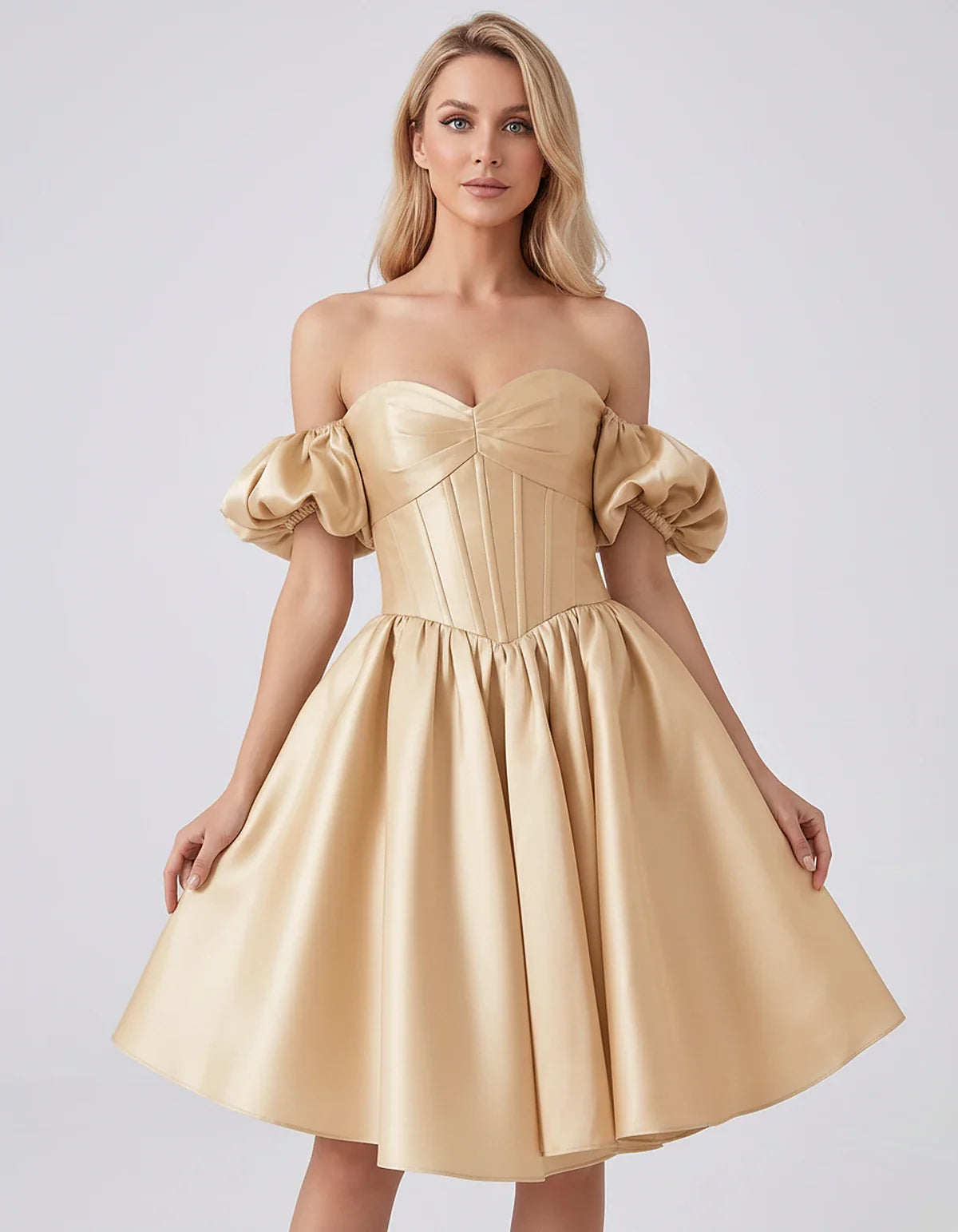 Satin Off-Shoulder Puff Sleeve Sweetheart Neck Corset Mini Dress for Homecoming, Prom, Cocktail, Evening & Wedding Guest Even | SKU: RMD-583920174615847-CHAMPAGNE-L,RMD-583920174615847-CHAMPAGNE-M,RMD-583920174615847-CHAMPAGNE-S,RMD-583920174615847-CHAMPAGNE-XL,RMD-583920174615847-CHAMPAGNE-XS