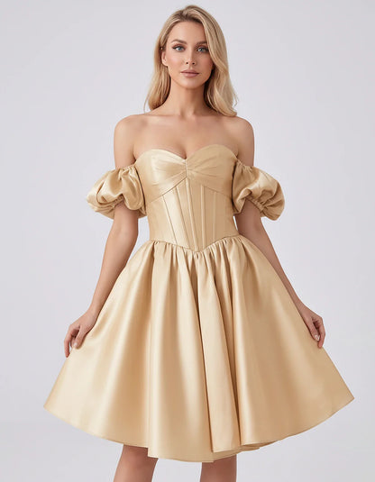 Satin Off-Shoulder Puff Sleeve Sweetheart Neck Corset Mini Dress for Homecoming, Prom, Cocktail, Evening & Wedding Guest Even | SKU: RMD-583920174615847-CHAMPAGNE-L,RMD-583920174615847-CHAMPAGNE-M,RMD-583920174615847-CHAMPAGNE-S,RMD-583920174615847-CHAMPAGNE-XL,RMD-583920174615847-CHAMPAGNE-XS