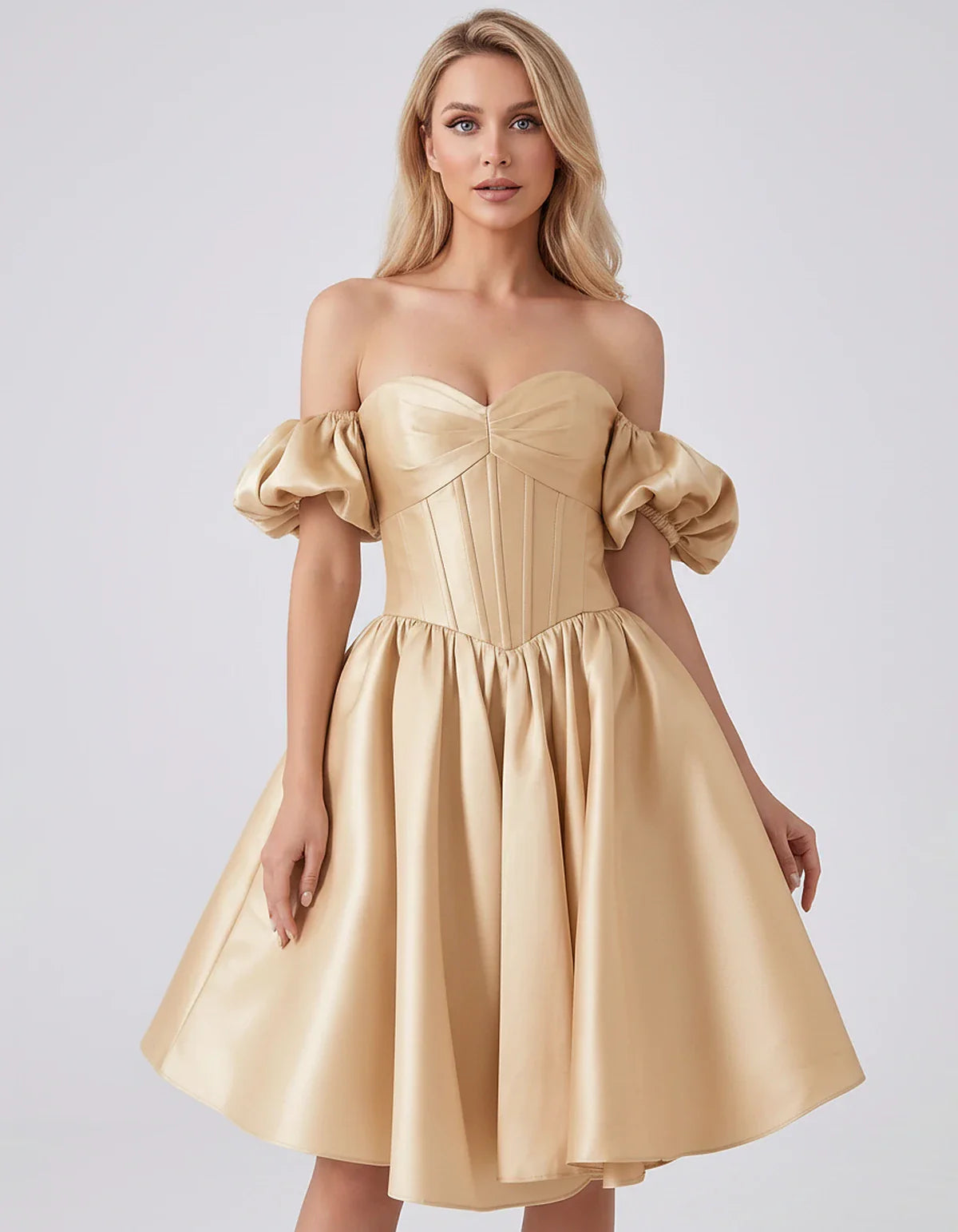 Satin Off-Shoulder Puff Sleeve Sweetheart Neck Corset Mini Dress for Homecoming, Prom, Cocktail, Evening & Wedding Guest Even | SKU: RMD-583920174615847-CHAMPAGNE-L,RMD-583920174615847-CHAMPAGNE-M,RMD-583920174615847-CHAMPAGNE-S,RMD-583920174615847-CHAMPAGNE-XL,RMD-583920174615847-CHAMPAGNE-XS