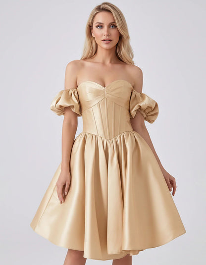 Satin Off-Shoulder Puff Sleeve Sweetheart Neck Corset Mini Dress for Homecoming, Prom, Cocktail, Evening & Wedding Guest Even | SKU: RMD-583920174615847-CHAMPAGNE-L,RMD-583920174615847-CHAMPAGNE-M,RMD-583920174615847-CHAMPAGNE-S,RMD-583920174615847-CHAMPAGNE-XL,RMD-583920174615847-CHAMPAGNE-XS