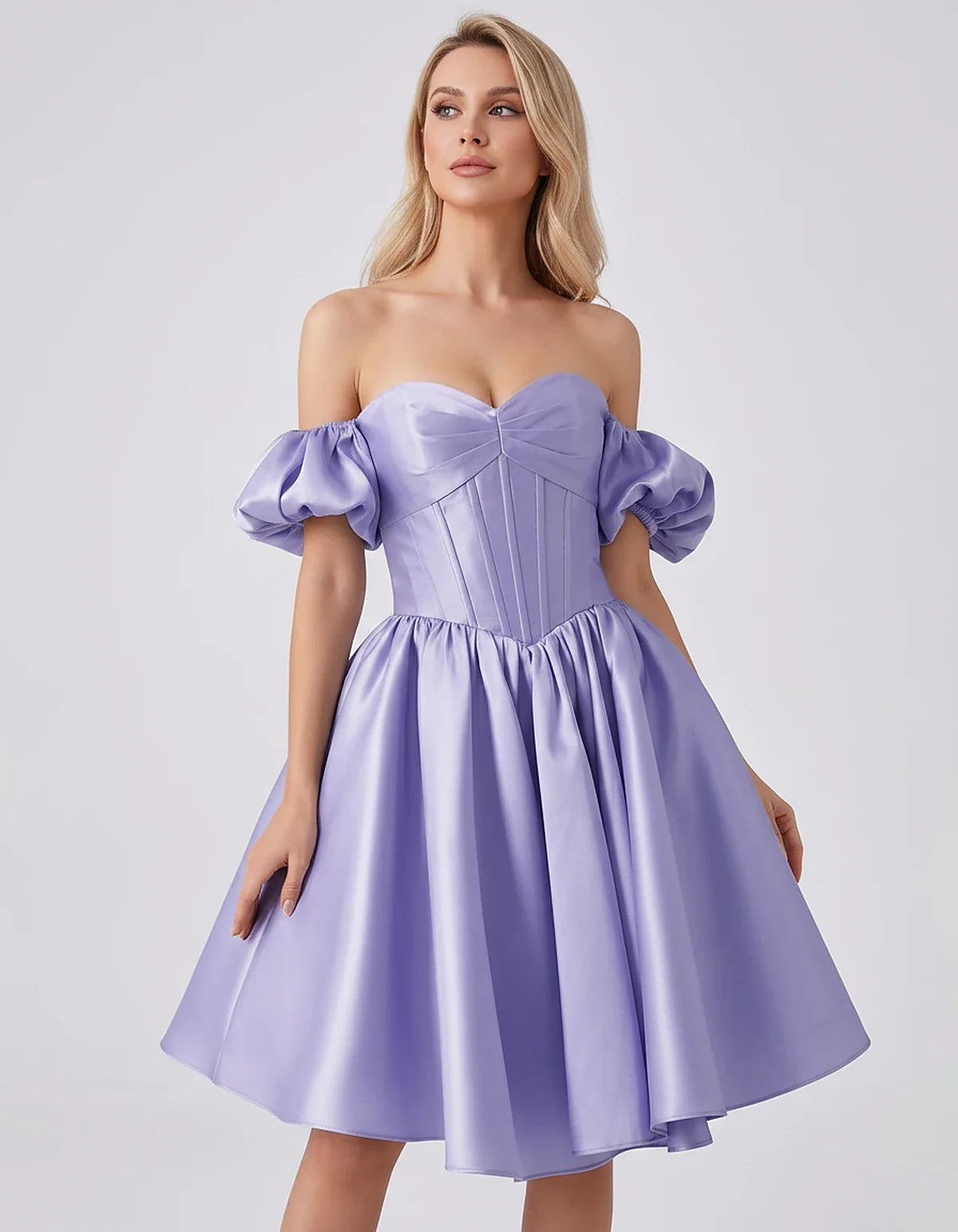 Satin Off-Shoulder Puff Sleeve Sweetheart Neck Corset Mini Dress for Homecoming, Prom, Cocktail, Evening & Wedding Guest Even | SKU: RMD-583920174615847-LAVENDER-L,RMD-583920174615847-LAVENDER-M,RMD-583920174615847-LAVENDER-S,RMD-583920174615847-LAVENDER-XL,RMD-583920174615847-LAVENDER-XS
