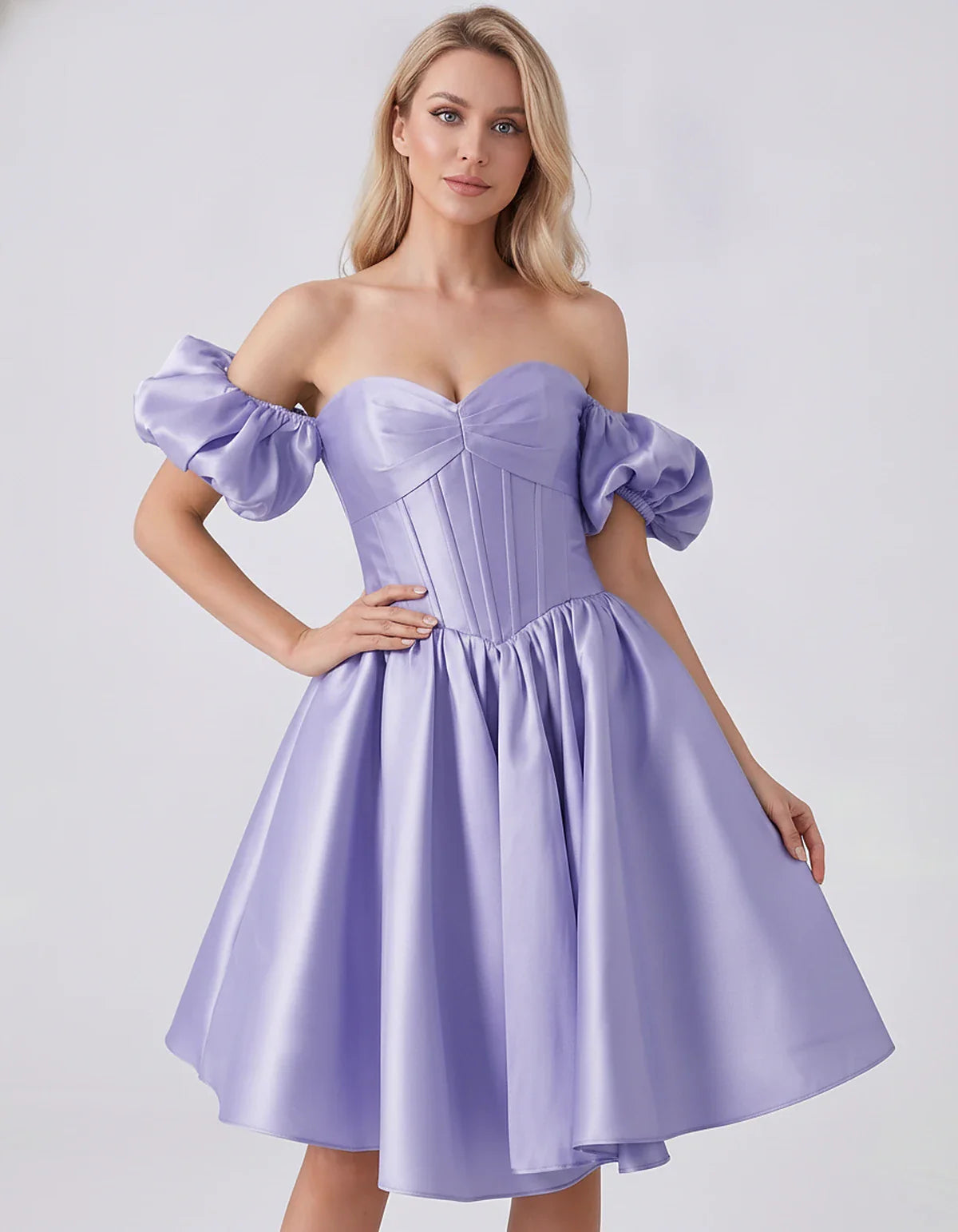 Satin Off-Shoulder Puff Sleeve Sweetheart Neck Corset Mini Dress for Homecoming, Prom, Cocktail, Evening & Wedding Guest Even | SKU: RMD-583920174615847-LAVENDER-L,RMD-583920174615847-LAVENDER-M,RMD-583920174615847-LAVENDER-S,RMD-583920174615847-LAVENDER-XL,RMD-583920174615847-LAVENDER-XS